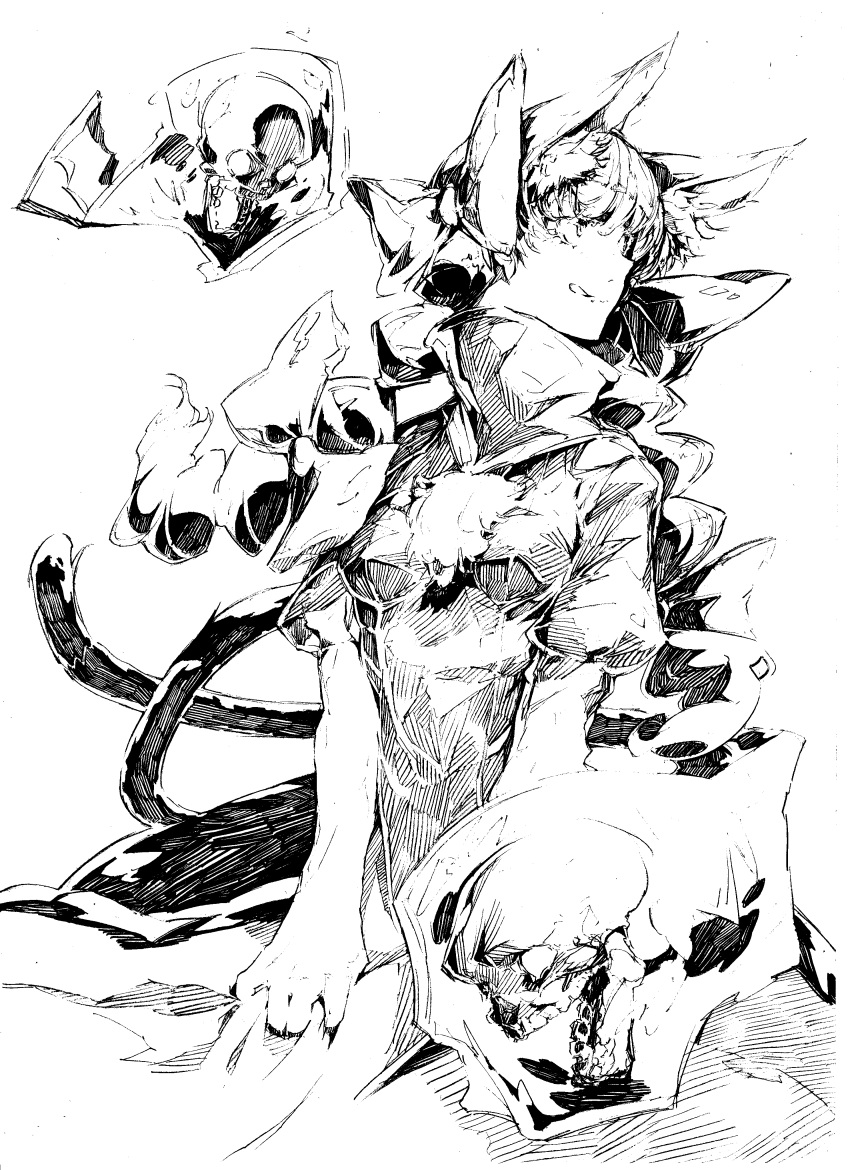 absurdres animal_ears bad_id bad_pixiv_id bow braid cat_ears cat_tail commentary_request female graphite_(medium) greyscale highres kaenbyou_rin monochrome oshake photoshop_(medium) skull solo tail touhou traditional_media twin_braids