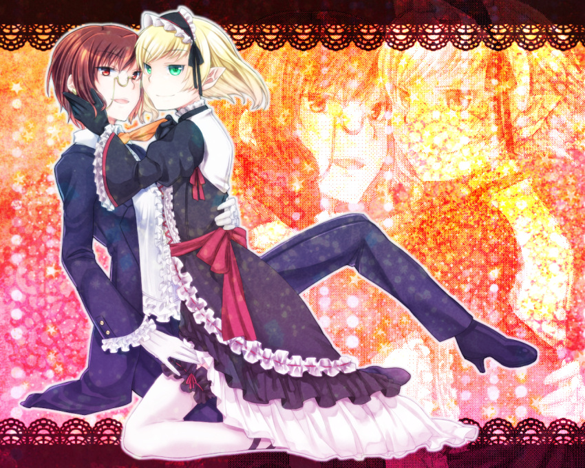 1boy aozaki_touko apron bad_id bad_pixiv_id blonde_hair crossdressing earrings female formal frills gloves green_eyes high_heels jewelry kamehima lugh_beowulf mahou_tsukai_no_yoru maid maid_headdress monocle otoko_no_ko pantyhose pointy_ears red_eyes red_hair reverse_trap shoes short_hair smile suit