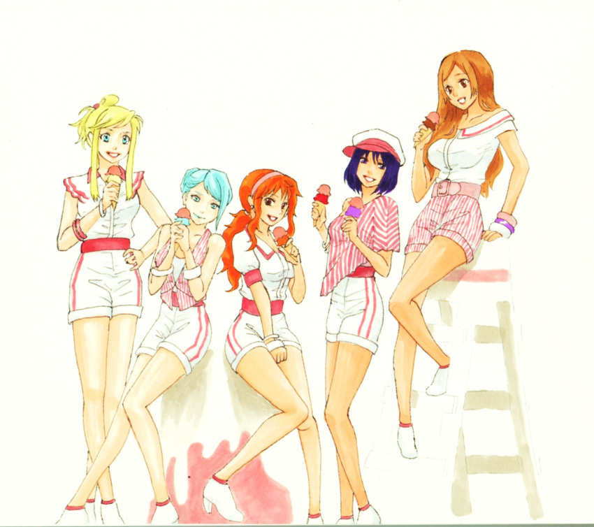 5girls bangle bleach bracelet char_(512-810-78) commentary_request crossover d.gray-man fullmetal_alchemist highres ice_cream_cone inoue_orihime jewelry kara_(band) karina_lyle lenalee_lee multiple_girls nami_(one_piece) one_piece parody shorts tiger_&_bunny winry_rockbell