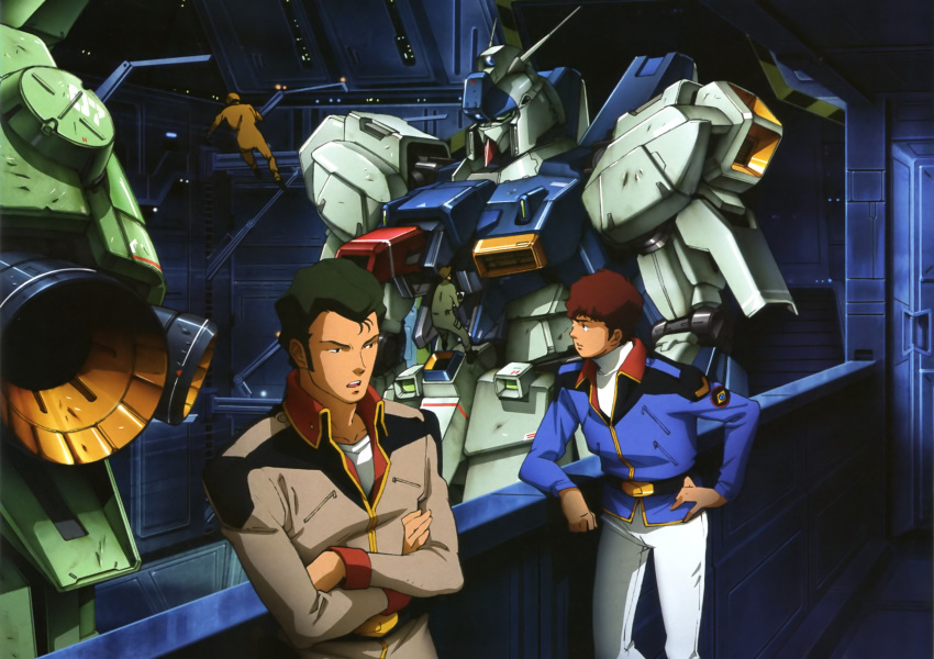 1980s_(style) 4boys amuro_ray artist_request bright_noa brown_hair char's_counterattack collared_shirt crossed_arms gundam hand_on_own_hip hangar highres jegan long_sleeves mecha military military_uniform mobile_suit multiple_boys open_mouth pants re-gz retro_artstyle robot science_fiction shirt teeth uniform upper_teeth_only white_pants