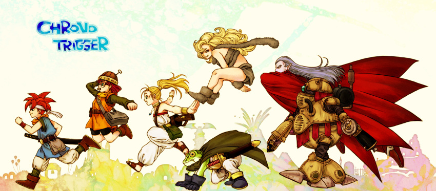 3girls 4boys ankle_boots arms_up ayla_(chrono_trigger) baggy_pants belt belt_buckle belt_pouch black_gloves blonde_hair blue_tunic boots brown_belt brown_footwear brown_hair brown_headwear buckle cape chrono_trigger closed_mouth commentary_request copyright_name crono_(chrono_trigger) frog_(chrono_trigger) from_side fur_boots fur_scarf gloves hair_slicked_back hand_up helmet high_ponytail highres jewelry jumping katana kurui_(kuruiringo) long_hair long_sleeves lucca_ashtear magus_(chrono_trigger) marle_(chrono_trigger) multiple_boys multiple_girls open_mouth orange_scarf orange_tunic outstretched_arms pale_skin pants pendant pointy_ears pouch purple_hair red_cape red_footwear red_hair robo_(chrono_trigger) robot running sandals scarf sheath sheathed short_hair short_sleeves simple_background sleeveless smile smirk spiked_hair swept_bangs sword weapon