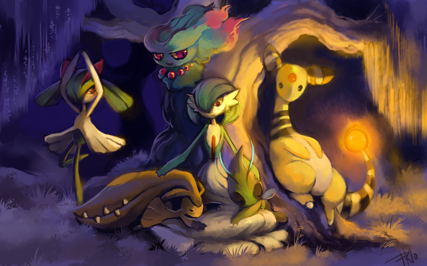 absurdres ampharos arms_up bad_deviantart_id bad_id celebi closed_eyes dancing dark floating full_body gardevoir ghost glitchedpuppet glowing grass hand_on_another's_head highres kirlia light lying mawile misdreavus nature night on_stomach outdoors pokemon pokemon_(creature) red_eyes signature sitting sleeping smile standing teeth tree willow