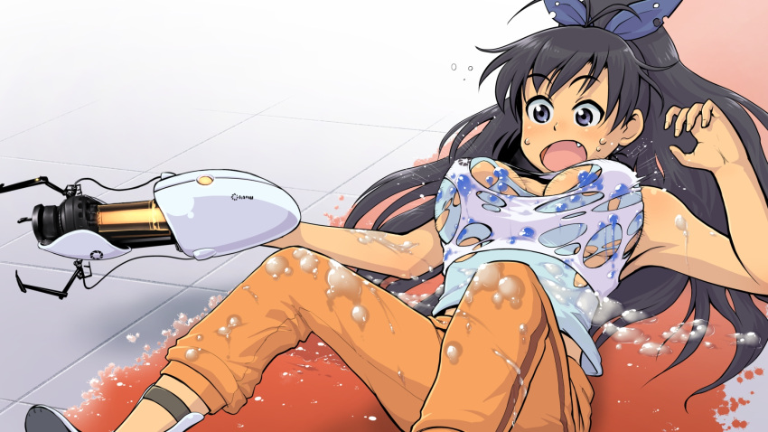 aperture_science_handheld_portal_device black_hair blue_eyes blush bouncing_breasts breasts bubble chiaki_rakutarou commentary_request crossover female gameplay_mechanics ganaha_hibiki hair_ribbon highres idolmaster idolmaster_(classic) large_breasts long_hair open_mouth ponytail portal_(series) portal_1 portal_2 ribbon sexually_suggestive solo suggestive_fluid torn_clothes