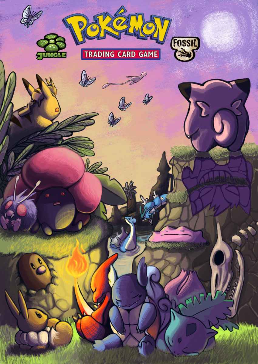 absurdres aerodactyl alternate_color alternate_shiny_pokemon box_art bug butterfly butterfree castle charmeleon clefairy coco_(missmanga14) commentary different_shadow diglett ditto eevee english_commentary english_text floating flying fossil gengar grass gyarados highres ivysaur lapras looking_back looking_up lying mew_(pokemon) no_humans on_head on_stomach outdoors photoshop_(medium) pikachu pokemon pokemon_(anime) pokemon_(creature) pokemon_tcg shadow sitting size_difference sleeping starter_pokemon_trio sun teeth venonat vileplume wartortle