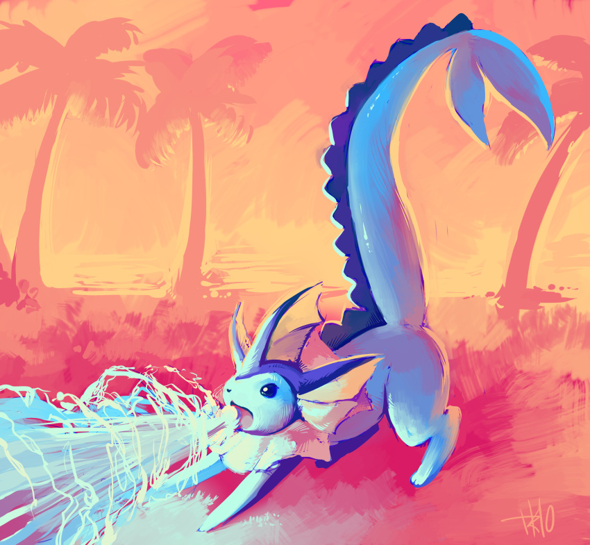 absurdres bad_deviantart_id bad_id blue_eyes blue_skin breath_weapon breathing_ice colored_skin commentary full_body glitchedpuppet highres ice ice_beam_(pokemon) mouth_beam no_humans orange_background palm_tree pokemon pokemon_(creature) pokemon_move signature solo tree vaporeon