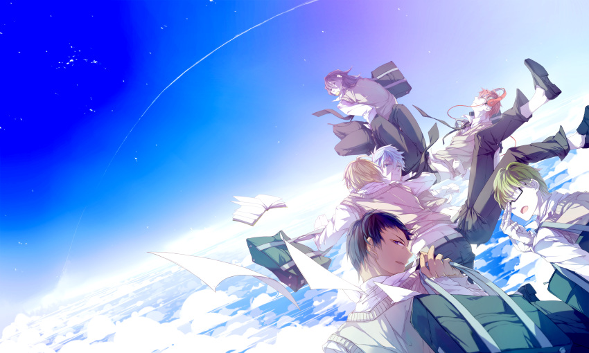 6+boys absurdres akashi_seijuurou aomine_daiki bad_id bad_pixiv_id bag bandages book cloud falling glasses headphones highres hug kise_ryouta kuroko_no_basuke kuroko_tetsuya male_focus midorima_shintarou multiple_boys murasakibara_atsushi paper qinnye school_uniform short_hair sky smile