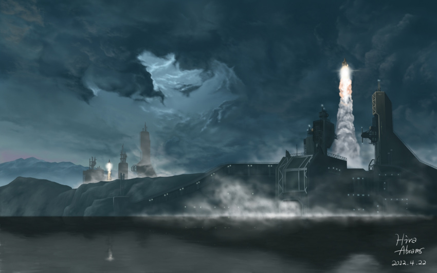 cloud commentary_request halo:_reach halo_(series) highres hira_(zlpabrams) launching liftoff military_base night no_humans outdoors reach_(planet) scenery science_fiction ship spacecraft water watercraft