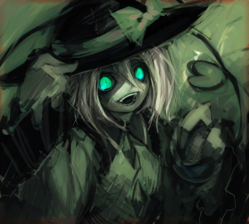 commentary_request female glowing glowing_eyes green_eyes green_theme hand_on_headwear hat heart highres holding komeiji_koishi open_mouth photoshop_(medium) ribbon solo spark621 third_eye touhou white_hair