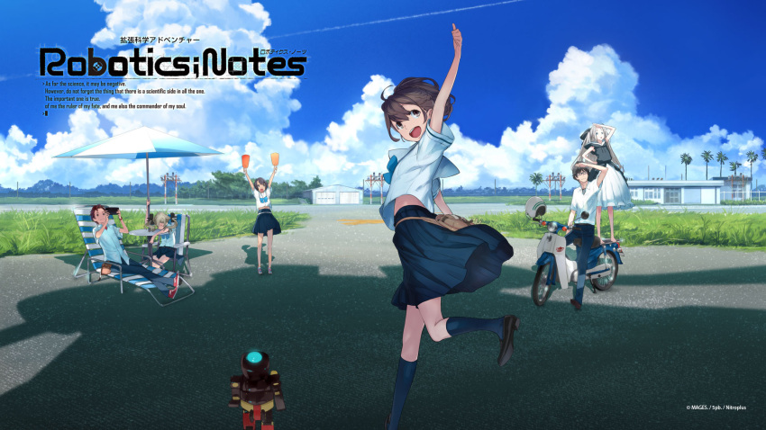 2boys 4girls airi_(robotics;notes) blonde_hair brown_hair daitoku_junna fukuda_tomonori glasses hidaka_subaru highres koujiro_frau multiple_boys multiple_girls official_art outdoors ribbon robotics;notes school_uniform senomiya_akiho skirt smile text_focus twintails yashio_kaito