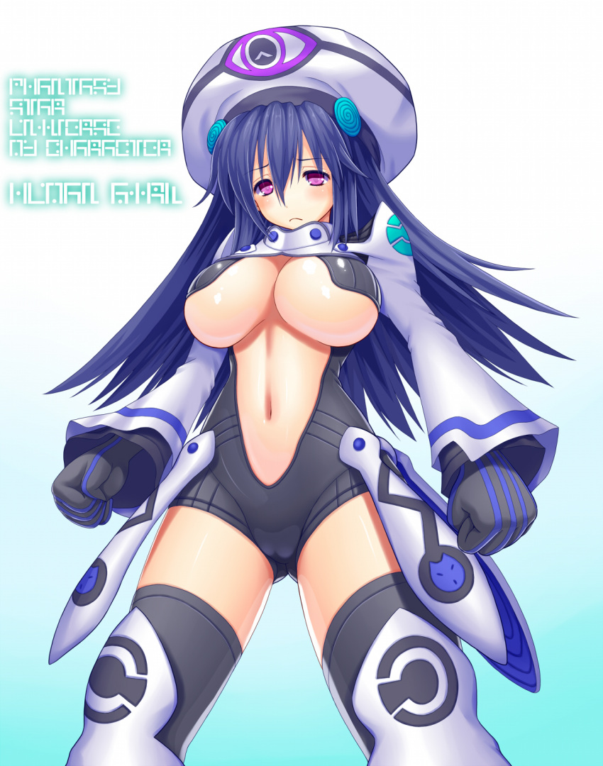 armor asamura_hiori black_legwear blue_hair breasts commentary_request female frown gloves hat highres large_breasts long_hair navel phantasy_star phantasy_star_universe purple_eyes revealing_clothes solo underboob