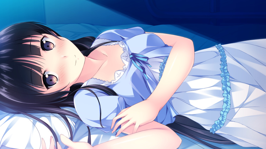 black_hair blush breasts dress female game_cg habane_kotori highres kono_oozora_ni_tsubasa_wo_hirogete long_hair looking_at_viewer lying on_back purple_eyes small_breasts solo yashima_takahiro