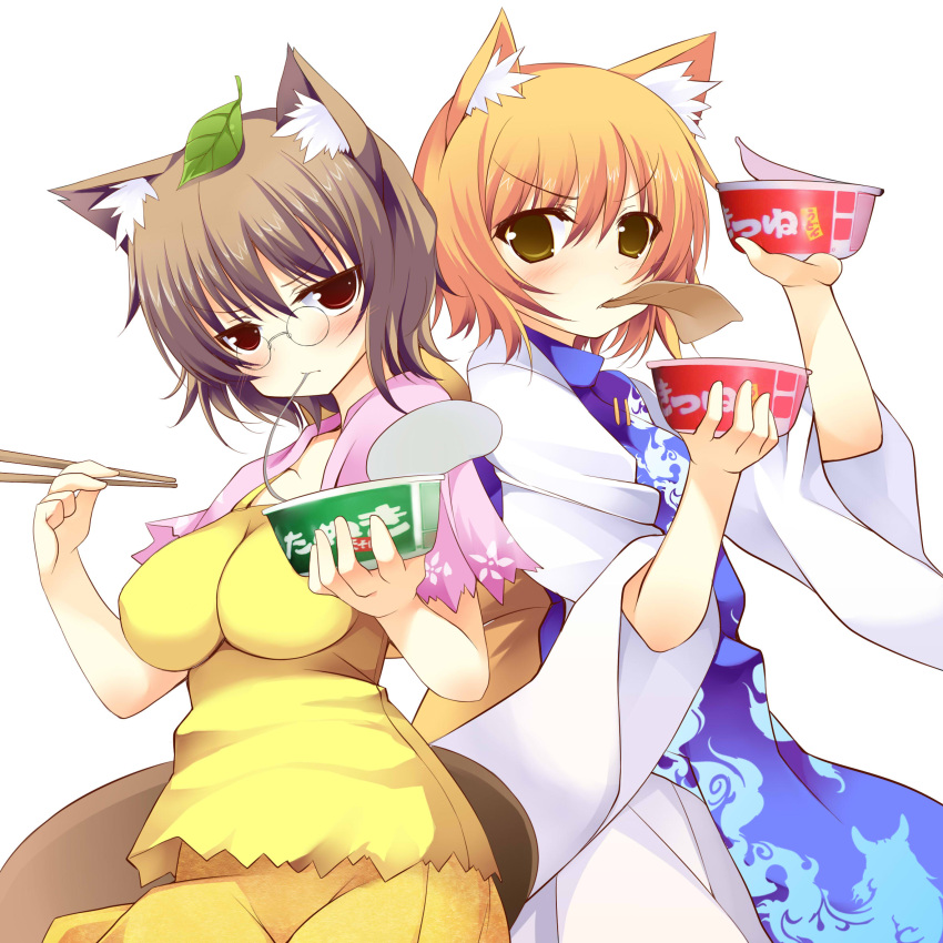 2girls aburaage animal_ears blonde_hair blush breasts brown_hair chopsticks commentary_request cup_ramen eating food fox_ears fox_tail futatsuiwa_mamizou glasses highres holding instant_soba instant_udon kitsune_udon kusano_(torisukerabasu) large_breasts leaf leaf_on_head looking_at_viewer maruchan_akai_kitsune_udon maruchan_midori_no_tanuki_tensoba md5_mismatch mouth_hold multiple_girls noodles raccoon_ears raccoon_tail soba tail touhou yakumo_ran yellow_eyes