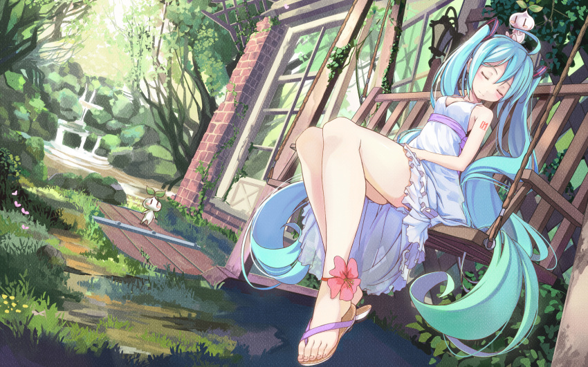 ahoge anklet aqua_hair beek blush_stickers brick_wall closed_eyes dress female flower grass hatsune_miku highres jewelry legs long_hair rope sandals sitting sleeveless sleeveless_dress solo twintails very_long_hair vocaloid |_|