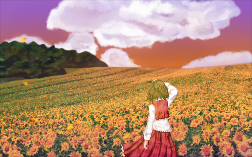 arm_up black_bitou cloud commentary_request dress_shirt female flower forest from_behind garden_of_the_sun green_hair horizon kazami_yuuka landscape long_sleeves nature outdoors petals plaid plaid_skirt plaid_vest shirt short_hair skirt sky solo sunflower touhou vest wind