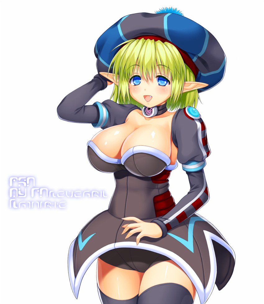 :d asamura_hiori black_thighhighs blonde_hair blue_eyes breasts choker cleavage commentary_request detached_sleeves female fonewearl hat highres large_breasts long_pointy_ears long_sleeves looking_at_viewer oerba_yun_fang open_mouth phantasy_star phantasy_star_online phantasy_star_online_font pointy_ears puffy_sleeves smile solo thighhighs white_background zettai_ryouiki