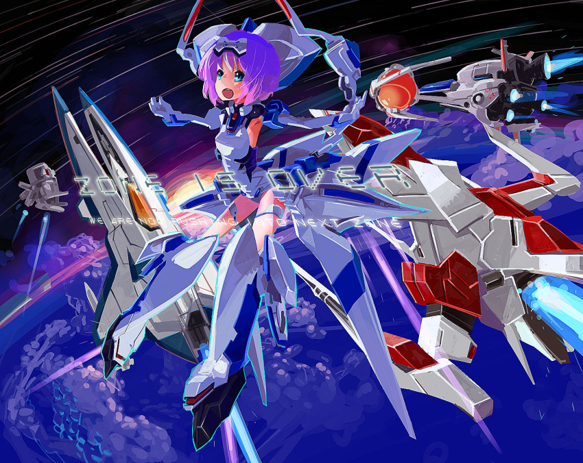 12_(xaenedju) aqua_eyes commentary_request darius_(series) elbow_gloves exelica female force_(r-type) gloves gradius mecha_musume one-piece_swimsuit open_mouth outstretched_arms personification purple_hair r-9a_arrowhead r-type school_swimsuit short_hair silver_hawk smile solo space spacecraft spread_arms swimsuit swimsuit_costume trigger_heart_exelica vic_viper white_one-piece_swimsuit