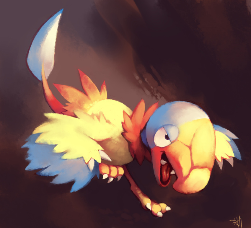 absurdres animal_focus archen bad_deviantart_id bad_id bird brown_background claws commentary fangs full_body glitchedpuppet headbutt highres looking_away no_humans pokemon pokemon_(creature) pokemon_move running signature solo