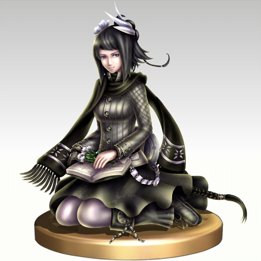 aq_interactive black_hair book boots braid breasts dress female flower gloves grey_eyes hair_ornament highres jacket long_hair manamia mistwalker nintendo pantyhose scarf super_smash_bros. the_last_story trophy