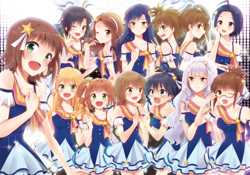 6+girls akizuki_ritsuko amami_haruka bad_id bad_pixiv_id black_hair blonde_hair blue_hair brown_eyes brown_hair forever_star_(idolmaster) futami_ami futami_mami ganaha_hibiki glasses green_eyes grey_hair hagiwara_yukiho hair_ornament hairband hoshii_miki idolmaster idolmaster_(classic) kisaragi_chihaya long_hair minase_iori miura_azusa multiple_girls oerba_yun_fang one_eye_closed open_mouth pu_uq red_eyes shijou_takane short_hair side_ponytail skirt smile star_(symbol) takatsuki_yayoi yellow_eyes