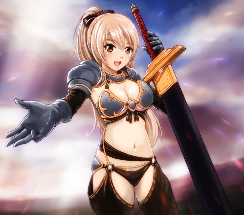 :d armor bikini_armor black_gloves black_thighhighs blush borurun bow breasts brown_eyes brown_hair cleavage commentary_request female front-tie_top gloves hairbow huge_weapon large_breasts light_rays long_hair looking_at_viewer navel o-ring o-ring_bottom open_mouth original outstretched_arm outstretched_hand pauldrons ponytail shoulder_armor smile solo sunbeam sunlight sword thighhighs weapon