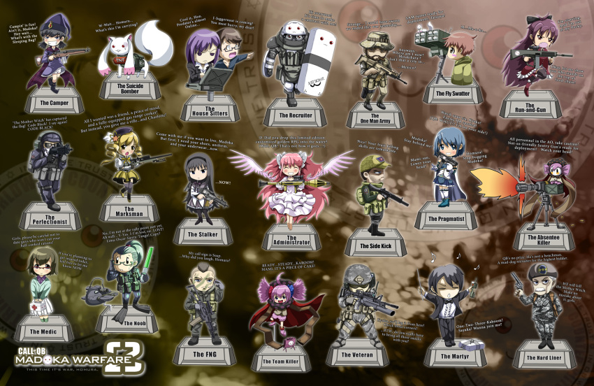 6+boys 6+girls aa-12 ai_arctic_warfare akemi_homura akemi_homura_(magical_girl) assault_rifle black_hair blonde_hair blue_eyes blue_hair bolt_action c4 call_of_duty cape captain_price charlotte_(madoka_magica) chibi commentary_request drill_hair dynamite english_text explosive female_pervert fn_scar fn_scar_16 food gaz_(call_of_duty_4) general_shepherd_(modern_warfare_2) ghost_(modern_warfare_2) gun h&k_g36 h&k_mp5sd hair_ribbon hairband handgun heckler_&_koch highres honest_axe juggernaut_(call_of_duty) kamijou_kyousuke kaname_junko kaname_madoka kaname_tatsuya kaname_tomohisa kyuubee long_hair mahou_shoujo_madoka_magica mahou_shoujo_madoka_magica_(anime) make_a_contract miki_sayaka miki_sayaka_(magical_girl) multiple_boys multiple_girls one_eye_closed ots-02_kiparis pantyhose parody pervert pink_eyes pink_hair pocky red_eyes red_hair revolver ribbon rifle rocket_launcher rpg-7 rpg_(weapon) sakura_kyoko sakura_kyoko_(magical_girl) sandman_(modern_warfare_3) saotome_kazuko short_twintails shotgun sniper_rifle soap_(modern_warfare_2) submachine_gun suppressor tachiwani thighhighs tomoe_mami tomoe_mami_(magical_girl) twin_drills twintails ultimate_madoka weapon white_cape yellow_eyes