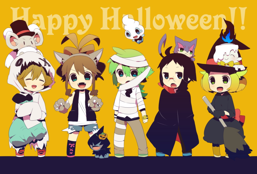 2girls 3boys ahoge bag bel_(pokemon) black_eyes black_hair blonde_hair blue_eyes bracelet broom brown_hair cheren_(pokemon) chibi closed_eyes costume deino english fangs glasses green_eyes green_hair halloween hat jewelry litwick multiple_boys multiple_girls mummy n_(pokemon) noe_yuuhi open_mouth pokemon pokemon_(game) pokemon_bw ponytail pumpkin purrloin shorts simple_background top_hat touko_(pokemon) touya_(pokemon) vampire vanillite vest werewolf witch