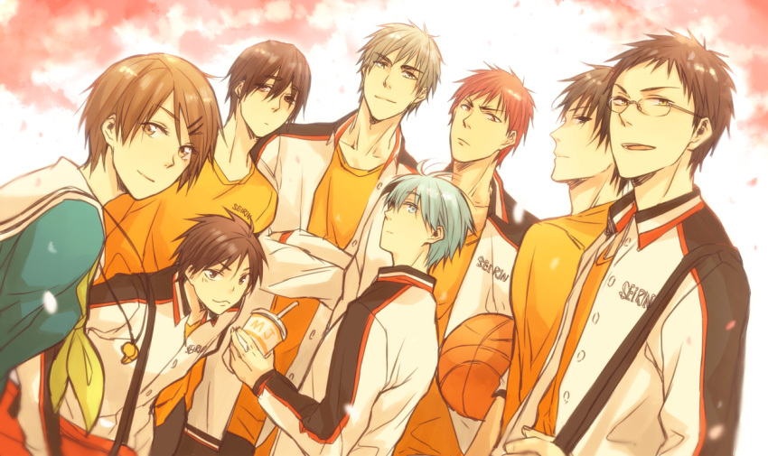 6+boys aida_riko blue_eyes blue_hair brown_eyes brown_hair commentary_request female glasses hyuuga_junpei izuki_shun jacket kagami_taiga kiyoshi_teppei koganei_shinji kuroko_no_basuke kuroko_tetsuya mitobe_rinnosuke multiple_boys photoshop_(medium) school_uniform serafuku short_hair sleepy69 whistle white_hair