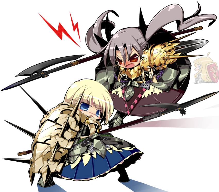 3girls ahoge angry armor armored_dress bad_id bad_pixiv_id blonde_hair blue_eyes blush brown_eyes chibi commentary_request fighting_stance hair_ribbon halberd kawachi_yamato multiple_girls open_mouth phalanx_(sekaiju) phalanx_2_(sekaiju) phalanx_4_(sekaiju) polearm purple_hair ribbon sekaiju_no_meikyuu sekaiju_no_meikyuu_3 shield simple_background spear spikes tears twintails weapon