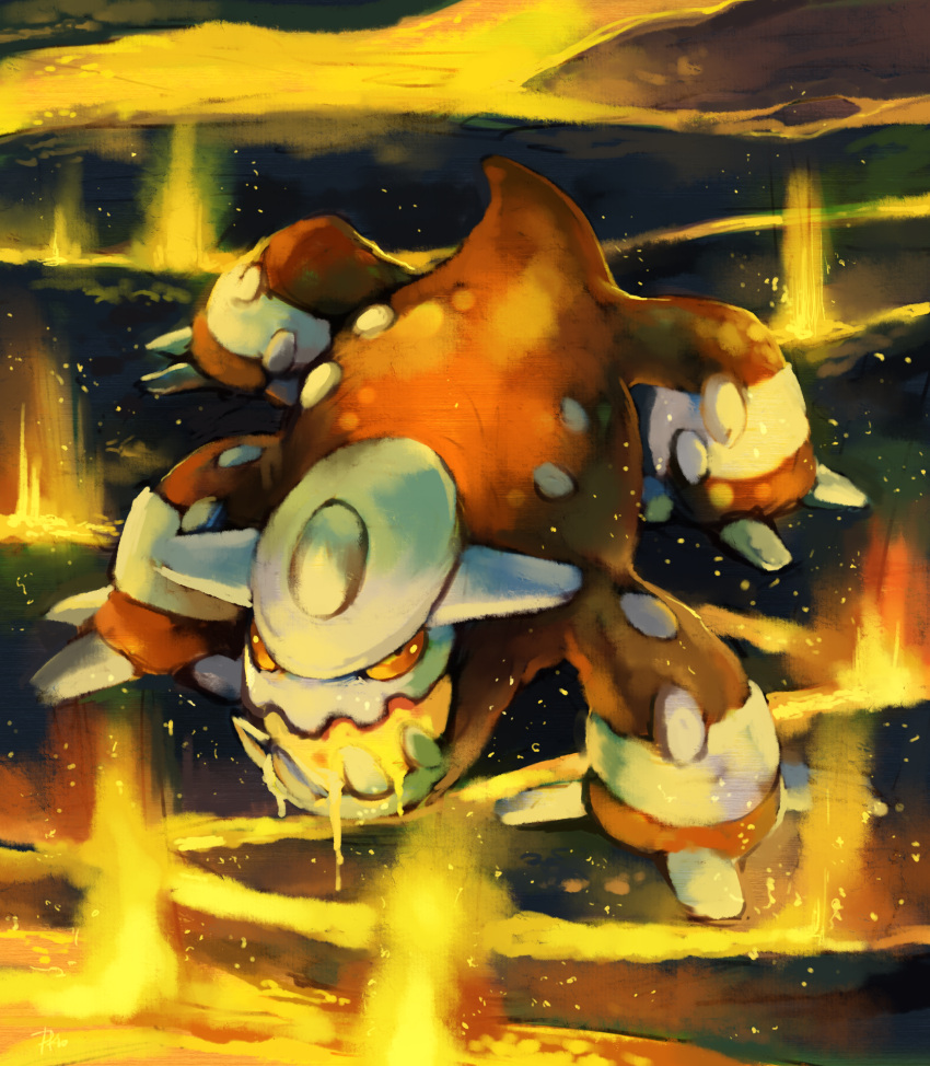 absurdres bad_deviantart_id bad_id commentary earth_power_(pokemon) full_body glitchedpuppet heatran highres lava looking_up monster no_humans open_mouth orange_eyes orange_theme pokemon pokemon_(creature) pokemon_move solo