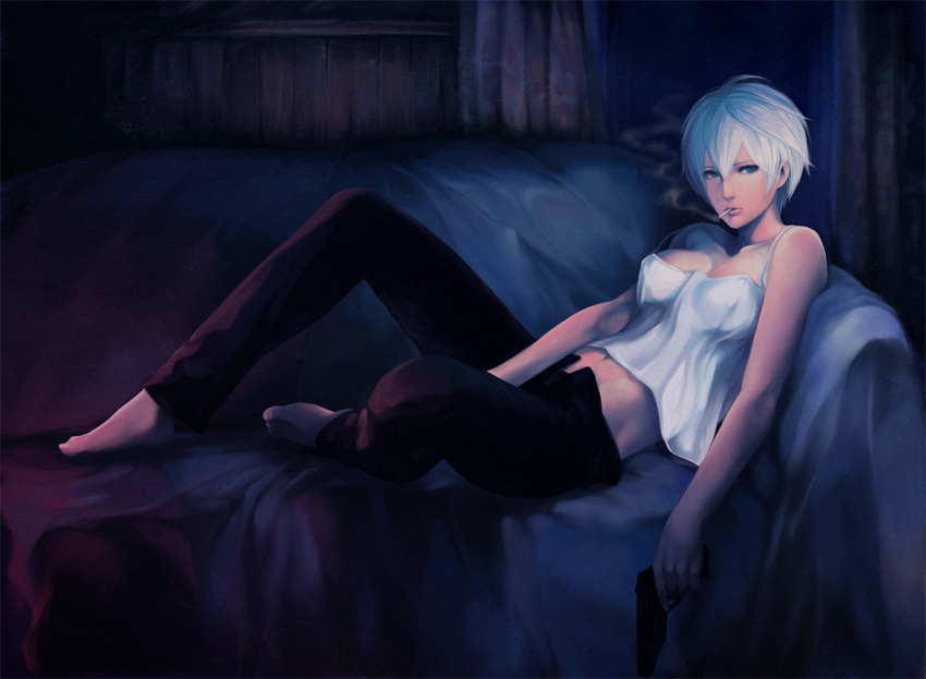 bare_shoulders barefoot blue_eyes breasts cigarette cleavage commentary_request couch covered_nipples fate/zero fate_(series) feet female gun handgun itori_(clarice_note) lips medium_breasts midriff natalia_kaminski navel off_shoulder open_fly panties pants realistic short_hair sitting smoking solo underwear unzipped vest weapon white_hair