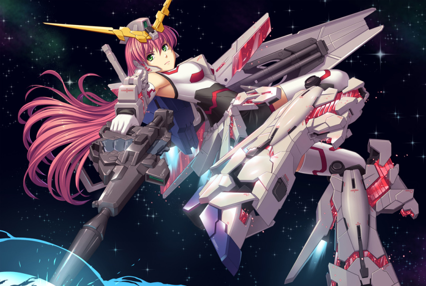 athrun1120 bare_shoulders beam_rifle commentary_request energy_gun female green_eyes gun gundam gundam_unicorn long_hair mecha_musume nt-d photoshop_(medium) pink_hair shield space thighhighs unicorn_gundam weapon