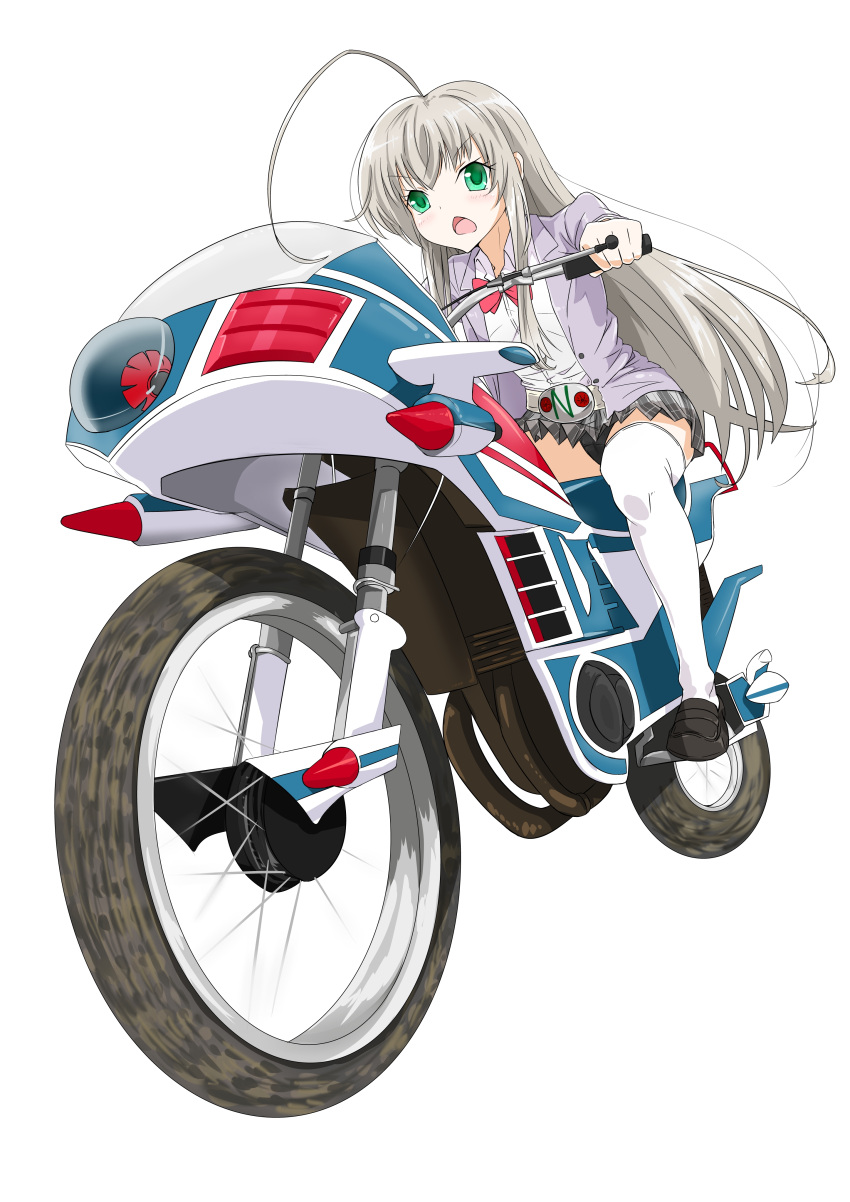 absurdres ahoge ameyoshi belt black_panties commentary_request female green_eyes grey_hair haiyore!_nyaruko-san highres huge_ahoge hurricane_(kamen_rider) kamen_rider kamen_rider_v3_(series) long_hair motor_vehicle motorcycle nyarlathotep_(nyaruko-san) panties riding school_uniform simple_background solo thighhighs underwear white_background white_thighhighs