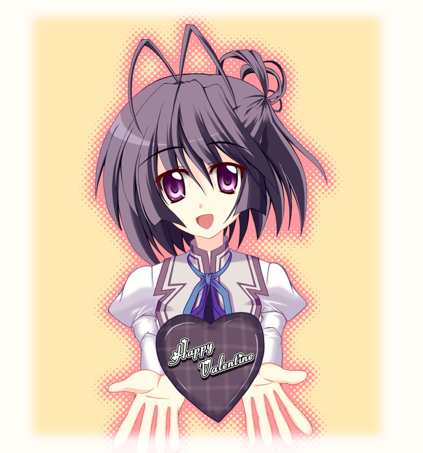 ahoge black_hair chocolate female highres mashiroiro_symphony onomiya_yutsuki open_mouth purple_eyes school_uniform short_hair valentine