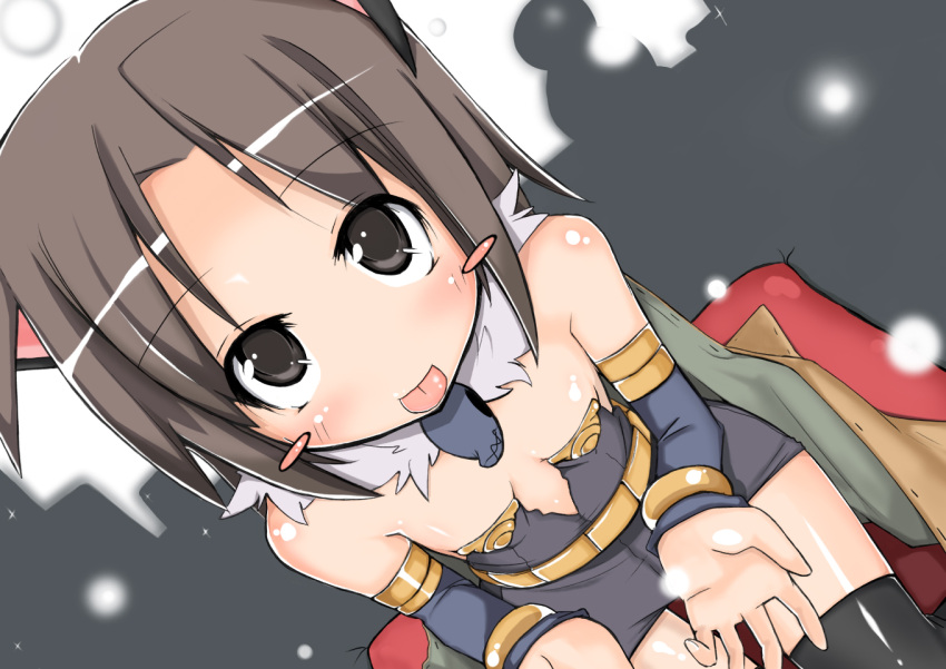 :p alchemist_(ragnarok_online) animal_ears armlet bare_shoulders blush blush_stickers bracelet brown_eyes brown_hair cape cat_ears choker commentary_request detached_sleeves dress female flat_chest jewelry long_hair morino_donguri ragnarok_online sitting snow thighhighs tongue tongue_out