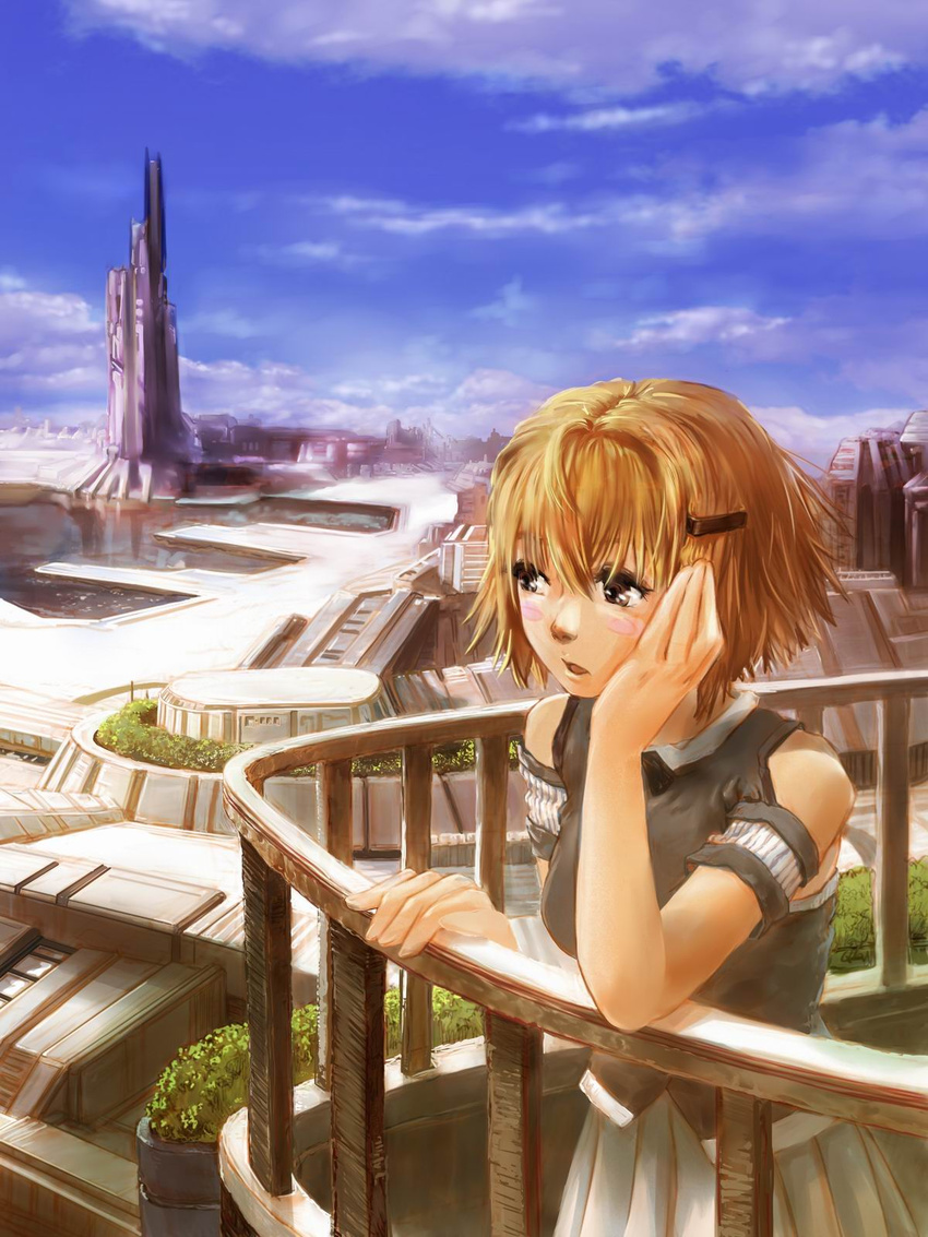 arm_cuffs balcony blush_stickers brown_eyes brown_hair building cloud commentary_request day dock female hair_ornament hairclip hand_on_own_face harbor head_rest highres open_mouth original plant pleated_skirt railing rana7 sad scenery short_hair skirt sky sleeveless solo tower