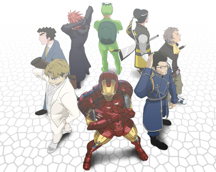 6+boys arakawa_under_the_bridge axel_(kingdom_hearts) baccano! black_coat_(kingdom_hearts) commentary_request crayon_shin-chan crossover eureka_seven eureka_seven_(series) fujiwara_keiji fullmetal_alchemist holland_novak iron_man kappa_(arakawa) kingdom_hearts ladd_russo maes_hughes male_focus marvel matsunaga_hisahide_(sengoku_basara) mosaic_background multiple_boys multiple_crossover nohara_hiroshi paru0147 sengoku_basara tony_stark voice_actor_connection