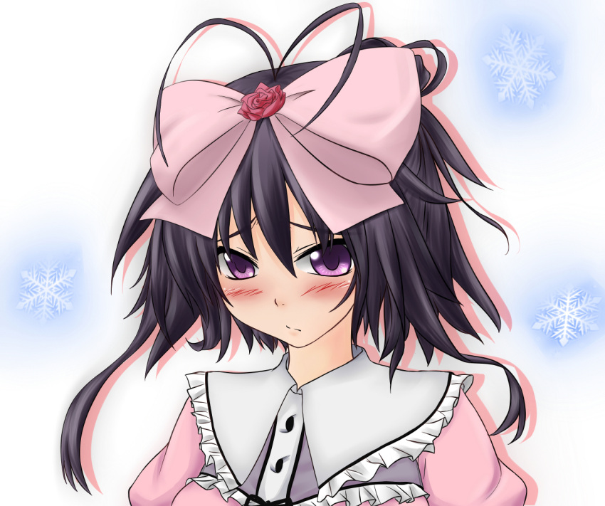 black_hair blush bow breasts female flower frills mashiroiro_symphony nayuta_(bamiras1105) onomiya_yutsuki purple_eyes rose short_hair snowflake snowflakes