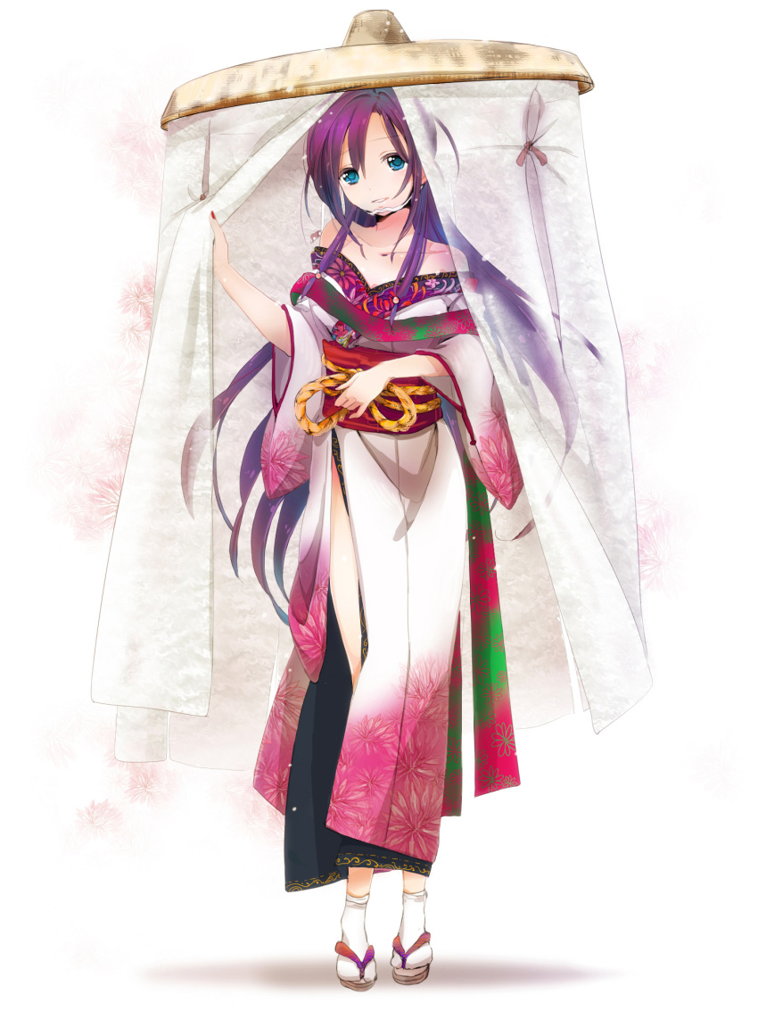 bad_id bad_pixiv_id bare_shoulders blue_eyes body_blush breasts collarbone female floral_print highres ichimegasa japanese_clothes kimono light_particles long_hair medium_breasts nail_polish off_shoulder original parted_lips photoshop_(medium) purple_hair side_slit simple_background solo standing tabi tanedahiwa_(carduelini) veil white_background white_kimono