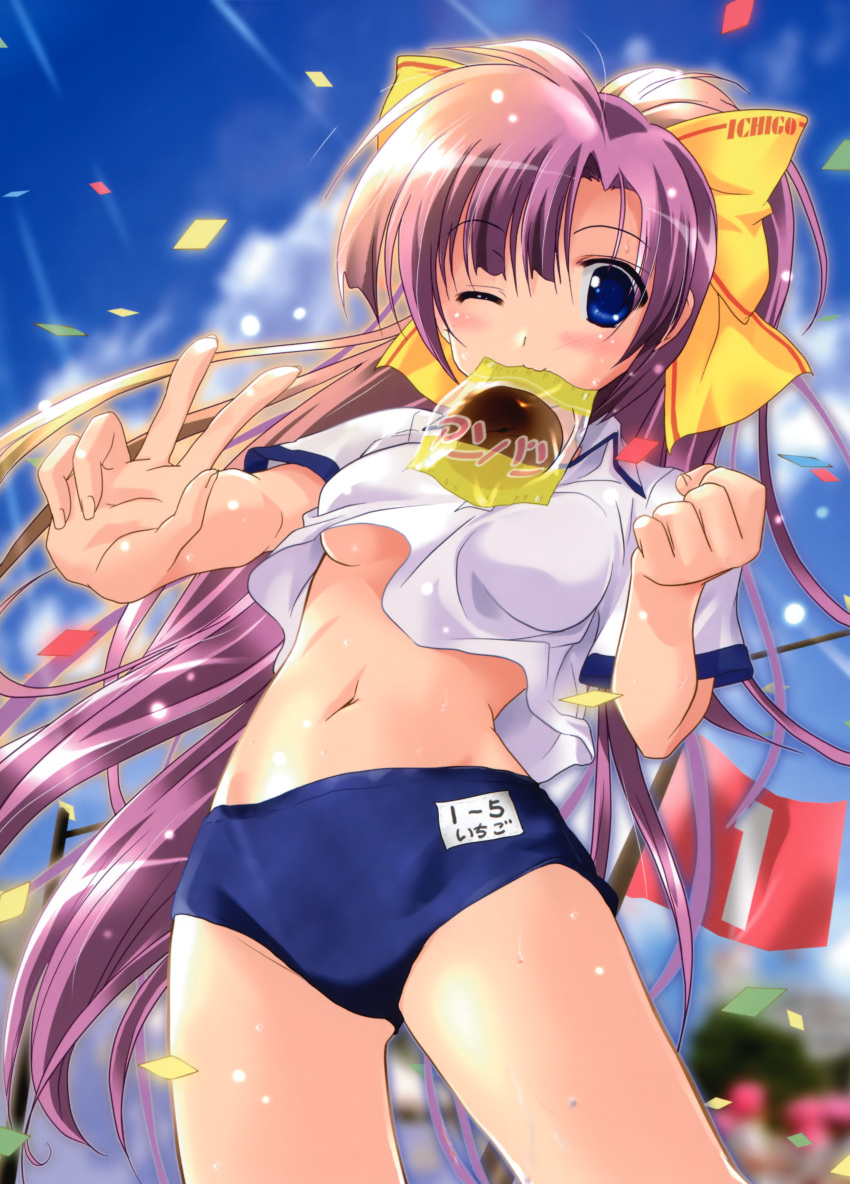 absurdres anpan blue_eyes bow bread_eating_race breasts buruma clothes_lift confetti copyright_request female flag food food_in_mouth hairbow highres komatsu_eiji medium_breasts mouth_hold navel no_bra one_eye_closed ponytail purple_hair shirt_lift sports_festival track_and_field underboob v