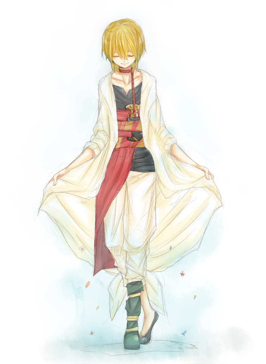 1boy ali_baba_saluja asymmetrical_footwear bad_id bad_pixiv_id baggy_clothes baggy_pants blonde_hair bowing cloak closed_eyes collar crossed_legs curtsey highres kagamine knife magi_the_labyrinth_of_magic male_focus mismatched_footwear pants solo watson_cross