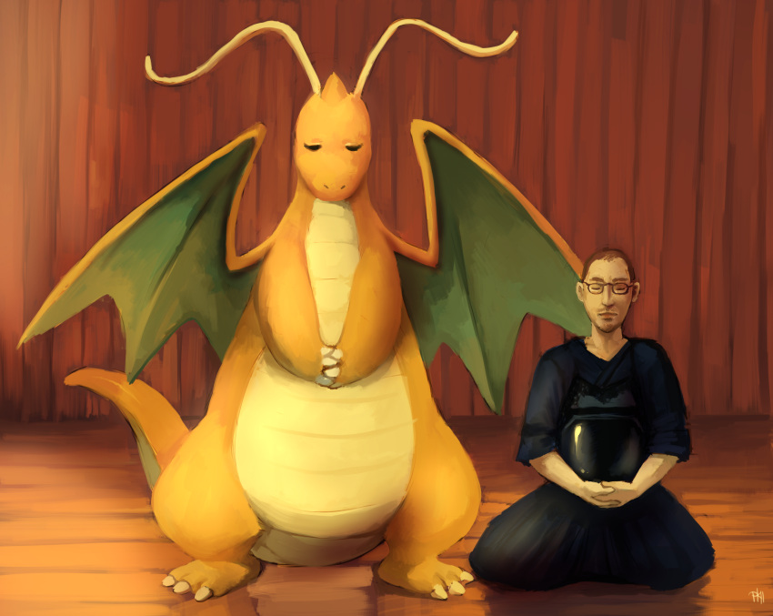 1boy bad_deviantart_id bad_id claws closed_eyes commentary dragon dragonite full_body glasses glitchedpuppet highres indoors japanese_clothes kendo kneeling lips male_focus nostrils pokemon pokemon_(creature) realistic standing western_dragon wooden_floor wooden_wall