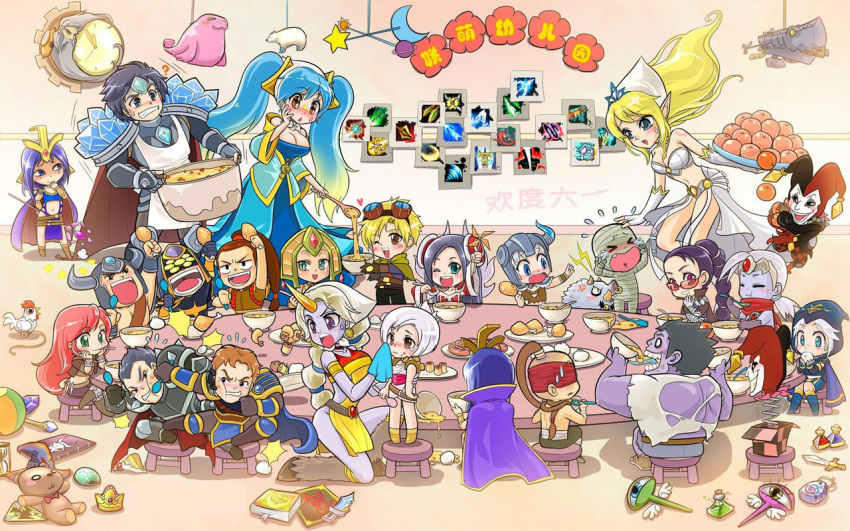 6+boys 6+girls :d ? age_regression aged_down amumu annotated armor ashe_(league_of_legends) blonde_hair blue_eyes blue_hair blush boar book bottle bowl breasts bristle brown_eyes brown_hair cape cassiopeia_(league_of_legends) chibi cleavage clock closed_eyes colored_skin corki crown darius_(league_of_legends) dr._mundo eating everyone ezreal fake_horns fighting floating food fruit garen_(league_of_legends) gem goggles gradient_hair green_eyes grey_hair helmet hood hooves horned_helmet horns irelia jack-in-the-box janna_(league_of_legends) katarina_(league_of_legends) knife ladle league_of_legends leblanc_(league_of_legends) lee_sin long_hair master_yi meat medium_breasts midriff milikki multicolored_hair multiple_boys multiple_girls mummy one_eye_closed open_mouth pinwheel plate pointy_ears ponytail pot potion purple_eyes purple_hair purple_skin red_hair riven_(league_of_legends) scarf sejuani shaco short_hair single_horn slit_pupils small_breasts smile sona_(league_of_legends) soraka_(league_of_legends) spoon staff stool stuffed_animal stuffed_toy sunglasses sweatdrop sword table taric tears teddy_bear translated tryndamere twintails urf varus vayne_(league_of_legends) very_long_hair volibear weapon white_hair xin_zhao zilean