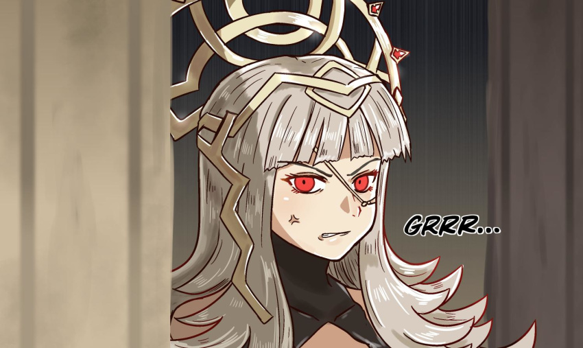 anger_vein clenched_teeth commentary_request crown english_text female fire_emblem fire_emblem_heroes grey_hair hair_ornament long_hair nyawn5 red_eyes solo teeth upper_body veronica_(fire_emblem)