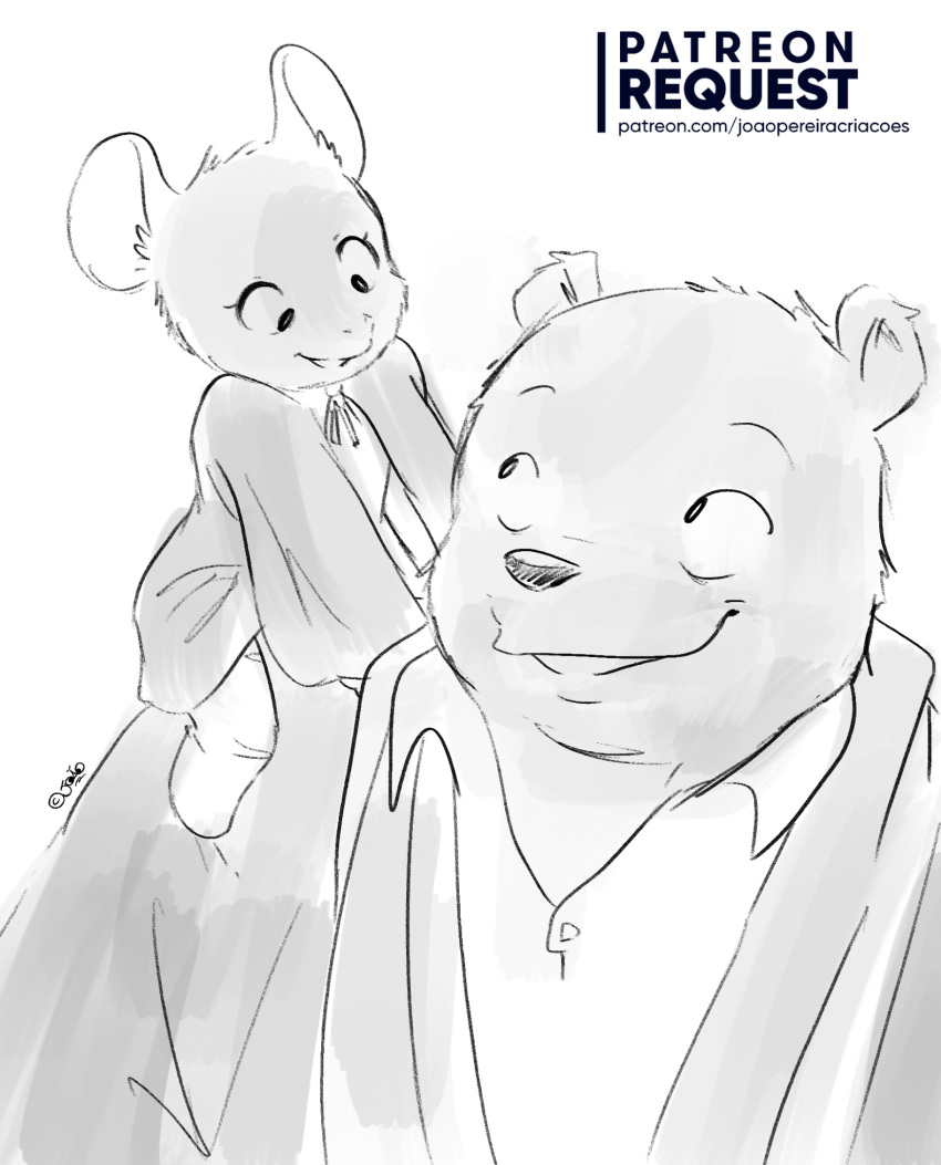 anthro celestine_(ernest_and_celestine) clothed clothing digital_media_(artwork) duo english_text ernest_(ernest_and_celestine) ernest_and_celestine female fur hi_res joaoppereiraus male mammal monochrome mouse murid murine rodent signature simple_background size_difference smile text url ursid young