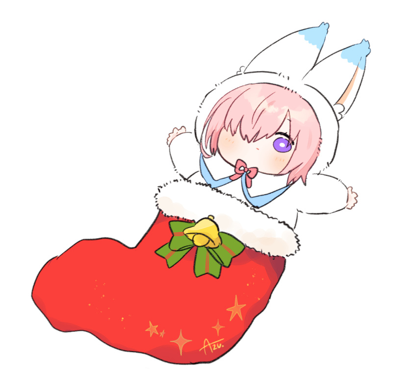 alternate_costume animal_costume animal_ears azu_(kirara310) baggy_clothes baggy_pants blush_stickers chibi christmas christmas_stocking closed_mouth commentary cosplay fake_animal_ears fake_tail fate/grand_order fate_(series) female fou_(fate) fou_(fate)_(cosplay) hair_over_one_eye hands light_purple_hair looking_at_viewer lying mash_kyrielight on_back one_eye_covered open_hands pajamas pants purple_eyes short_hair signature simple_background symbol-only_commentary tail white_background