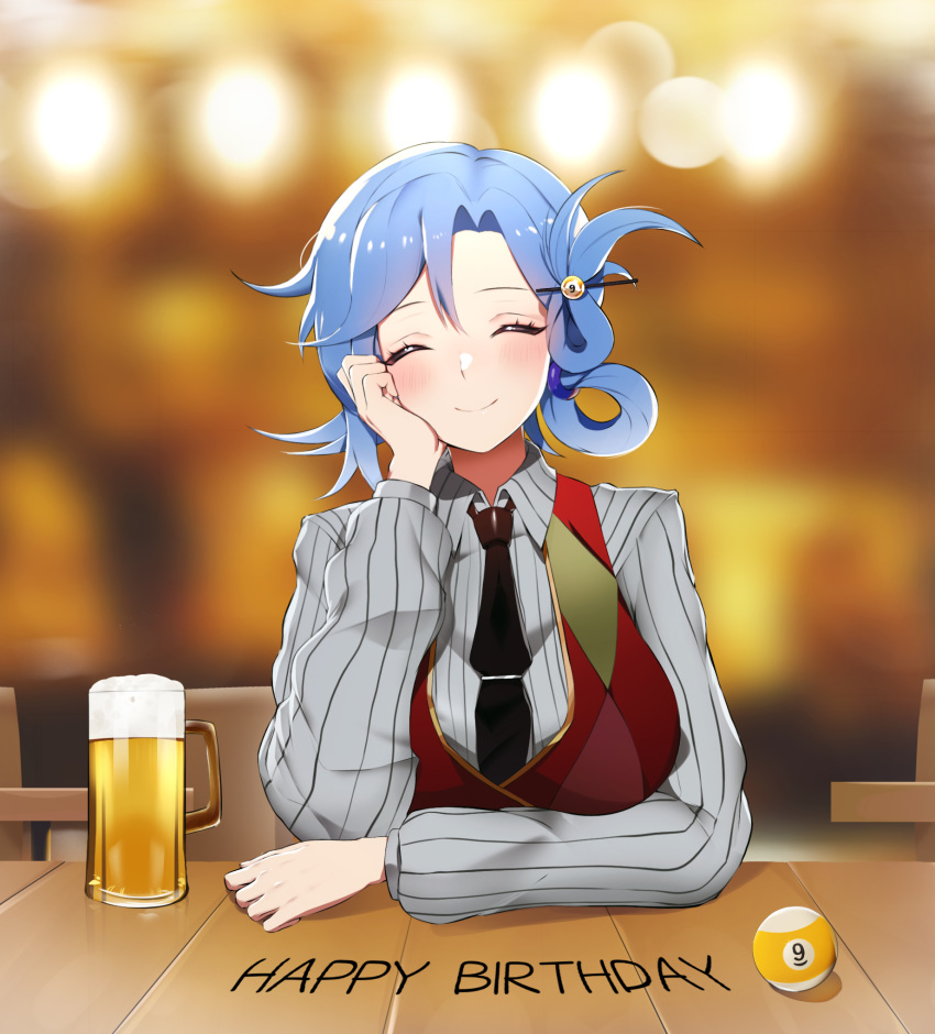 alcohol bbuni beer_mug blue_hair blurry blurry_background blush breasts chiebukuro_setsuka closed_eyes closed_mouth collared_shirt commentary_request cup danganronpa_(series) facing_viewer female folded_ponytail grey_sweater hair_ornament hand_on_own_cheek hand_on_own_face happy_birthday highres korean_commentary large_breasts light_blue_hair long_sleeves mug necktie photoshop_(medium) shirt short_hair sitting smile solo striped_clothes striped_shirt striped_sweater super_danganronpa_another_2 sweater tie_clip upper_body vertical-striped_clothes vertical-striped_shirt vest wing_collar