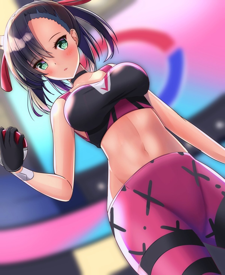 asymmetrical_bangs asymmetrical_hair black_gloves black_hair blush breasts collarbone commentary_request female gloves green_eyes hair_ribbon highres holding holding_poke_ball looking_at_viewer marnie_(pokemon) medium_breasts medium_hair navel open_mouth pants pink_pants poke_ball poke_ball_(basic) pokemon pokemon_swsh red_ribbon ribbon solo toyomi_13