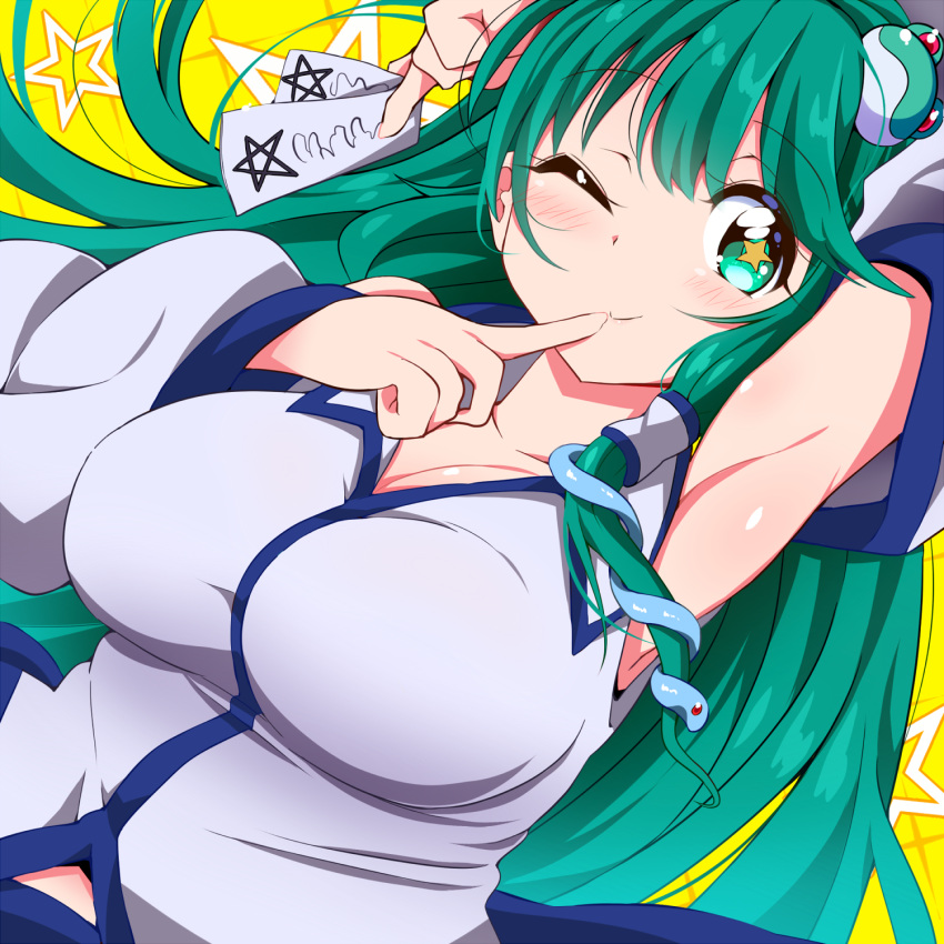 arm_up armpits blush breasts bwell cleavage closed_mouth collared_shirt commentary_request dutch_angle female finger_to_mouth frog_hair_ornament green_eyes green_hair hair_ornament hair_tubes highres kochiya_sanae large_breasts long_hair looking_at_viewer ofuda one_eye_closed shirt single_sidelock sleeveless sleeveless_shirt smile snake_hair_ornament solo star-shaped_pupils star_(symbol) symbol-shaped_pupils touhou upper_body white_shirt yellow_background