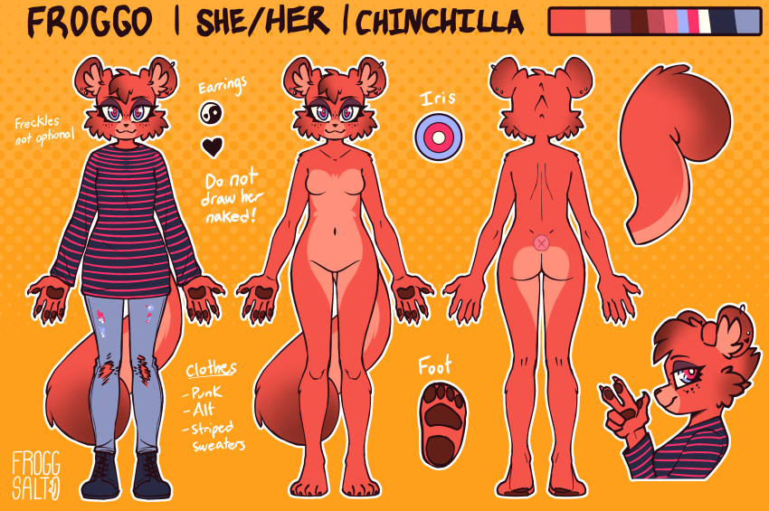 absurd_res alternative_fashion anthro chinchilla chinchillid ear_piercing ear_ring english_text fan_character female froggsalt hi_res mammal model_sheet piercing punk ring_piercing rodent skunk_tail solo text turnaround