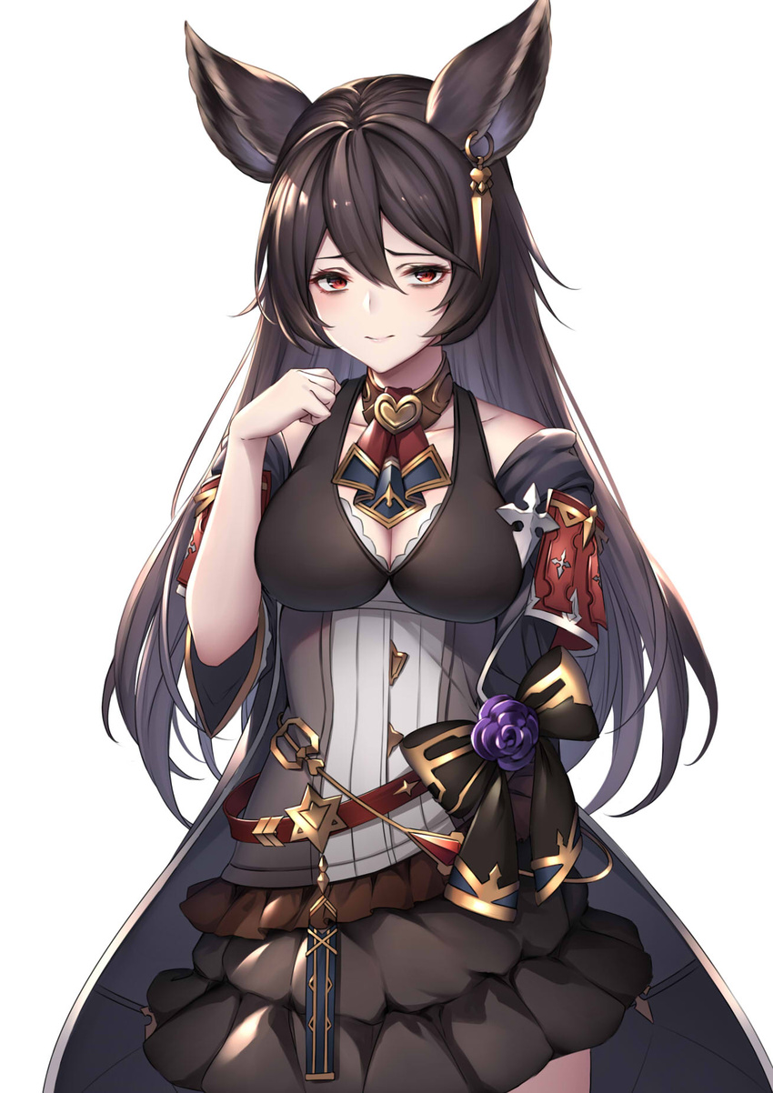 animal_ears ascot bags_under_eyes bare_shoulders belt black_dress black_hair blush breasts cleavage closed_mouth collarbone commentary dress ear_piercing erune female flower granblue_fantasy hair_between_eyes highres long_hair looking_at_viewer medium_breasts nier_(granblue_fantasy) piercing purple_flower purple_rose red_eyes rose solo ym_(distance819)